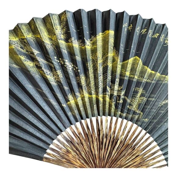 Handcrafted Black & Gold Asian Oriental Folding Fan Scenic Landscape Design 18" - Picture 2 of 7